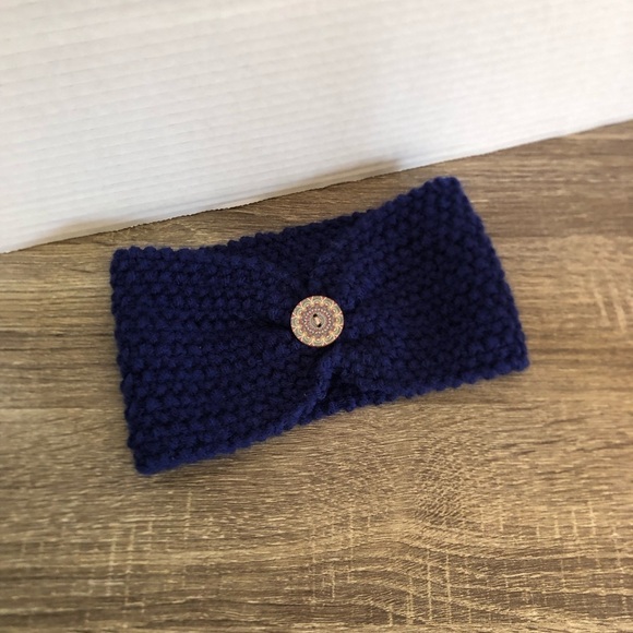 Hand Knit Blue Knot Headband with Button - Picture 2 of 8